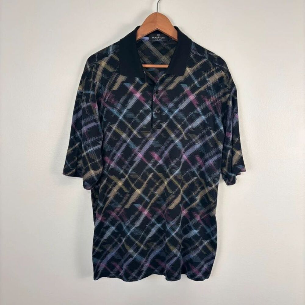 Bugatchi Uomo Mens L Polo Shirt VTG 90s Y2K Black Geometric Mercerized Cotton